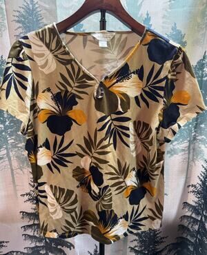 Liz Claiborne Women’s XL Classic T Shirt, 100% Cotton, All Over Botanical, Brown